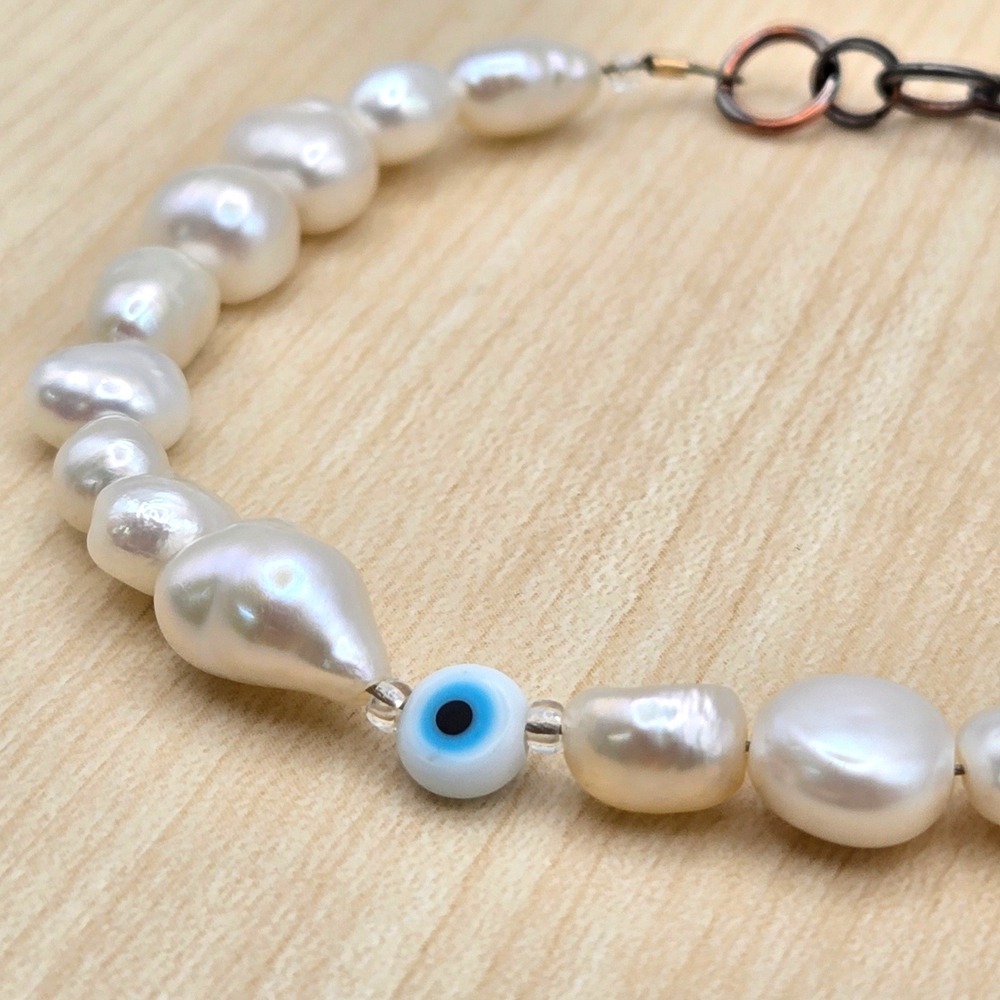 Handmade Freshwater Baroque Pearl Evil Eye Protection Bracelet White Blue Glass